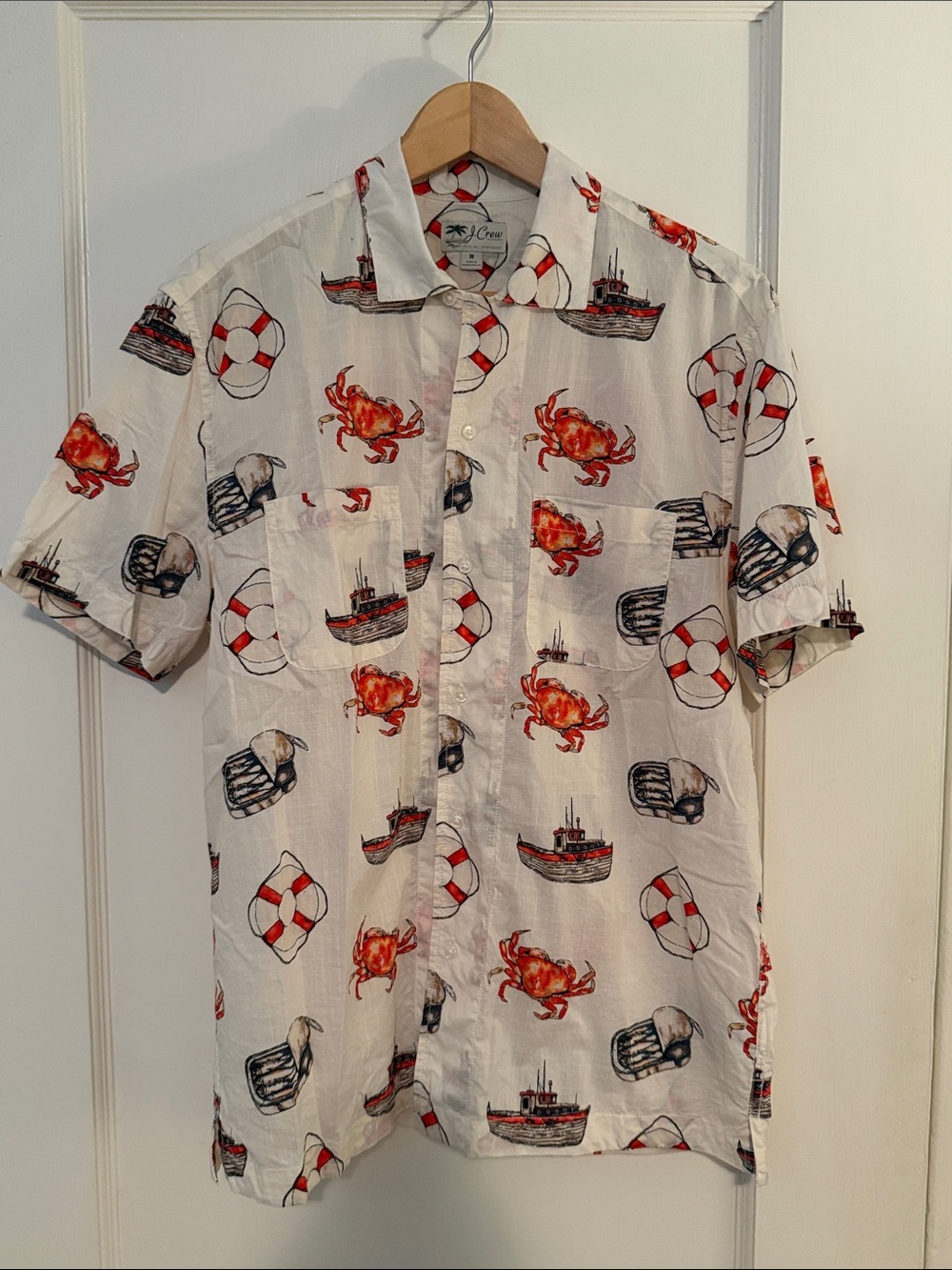 J. Crew White Short-Sleeve Nautical Crab & Lifesaver Print Shirt